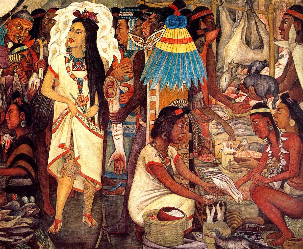 Una ahuani (prostituta nahua) exhibe su pierna en un mercado (mural de Diego Rivera).