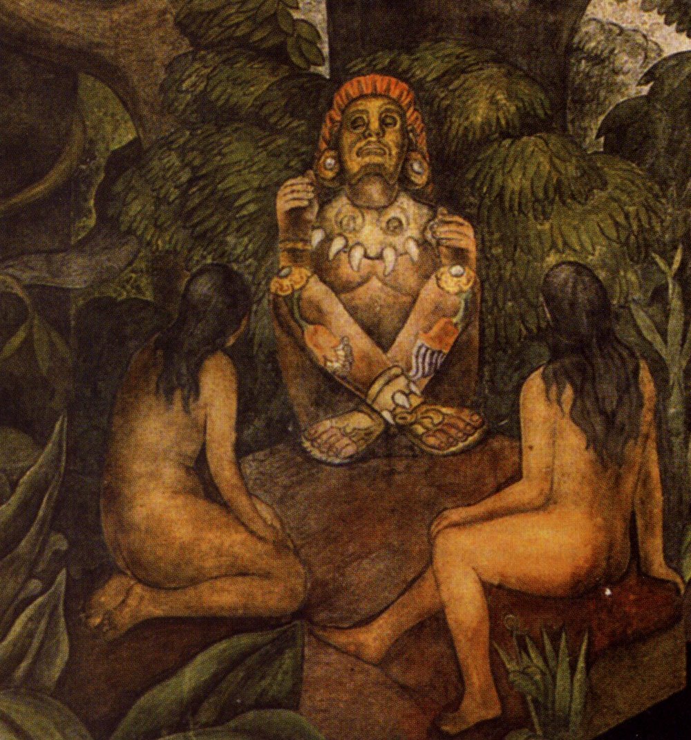 Xochipilli, dios mexica del amor, el placer, la belleza y las plantas sagradas, es adorado por dos mujeres desnudas ("Evolución de México", mural de Diego Rivera).